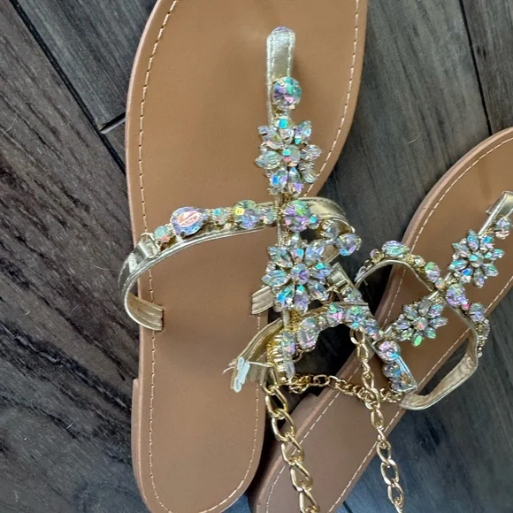 New Sandals Jeweled Bling Ankle Bracelet Slides 43 BRAND NEW Women's Size 12 - Picture 5 of 10